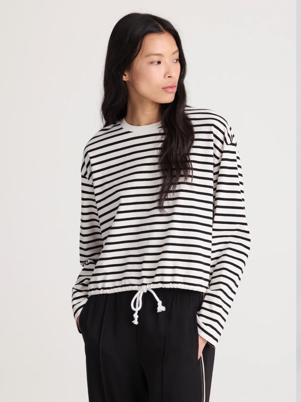 Madewell Striped Black & White Drawstring Hem Long Sleeve Top